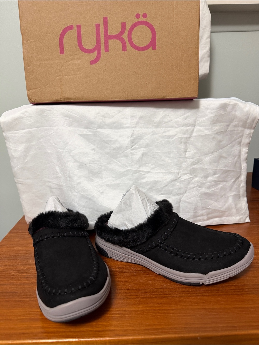Ryka Black Faux-Fur Lined Slip-On Athletic Mules with Gray Soles
